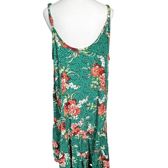 TORRID 3X Green Floral Leopard Print Midi Dress Sleeveless Tiered Ruffle Pockets - Picture 3 of 9